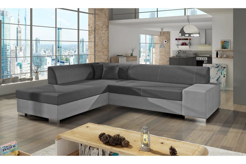 Pavones Vänstervänd L-formad Bäddsoffa 135x210 cm med Förvaring i Tyg, Grå