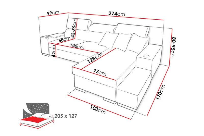 Pereso Hörnsoffa Vänster LED-belysning - Grå - Möbler - Soffa - Bäddsoffa