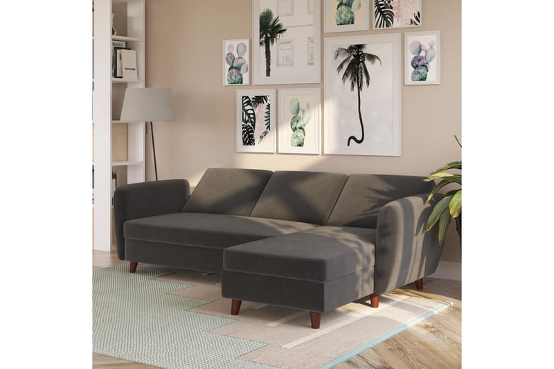 Perry 3-sits Divanbäddsoffa Ställbar Sammet/Grå/Trä - Novogratz - Möbler - Soffa - Bäddsoffa