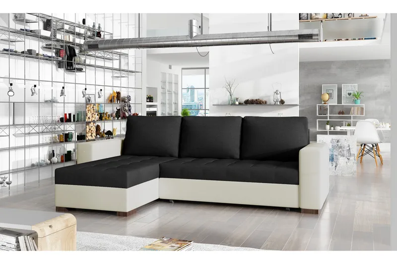 Potes 3-sits Vänster L-formad Bäddsoffa med Divan och Schäslong i Tyg och Konstläder, Beige|Svart