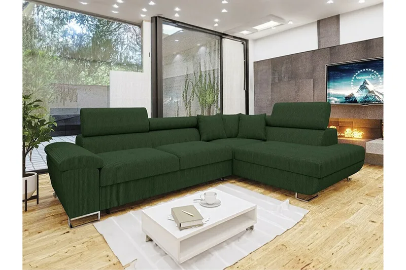 Reginia 3-sits Högervänd L-formad Hörnbäddsoffa med Förvaring i Tyg - Grön - Möbler - Soffa - Bäddsoffa