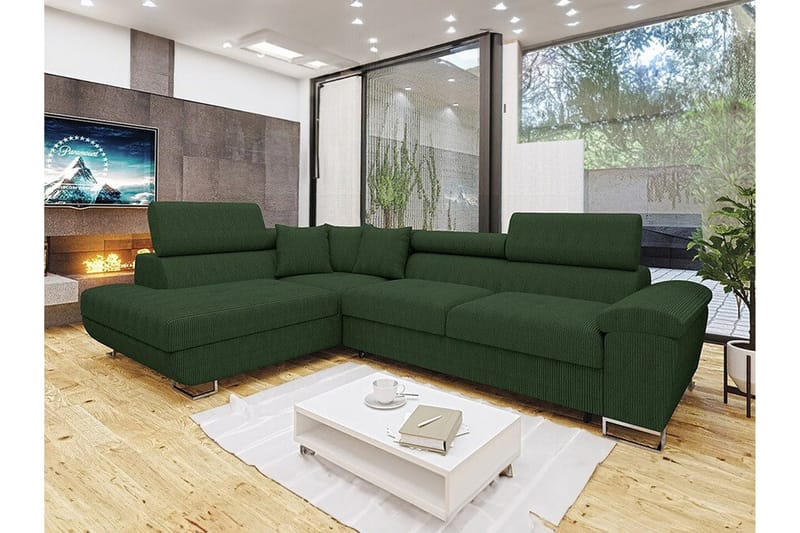 Reginia 3-sits Vänstervänd L-formad Hörnbäddsoffa med Förvaring i Tyg - Grön - Möbler - Soffa - Bäddsoffa