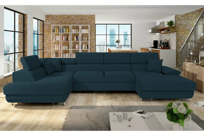 Reginia 4-sits Hörnbäddsoffa 125x270 cm med Förvaring i Manchestertyg - Blå - Möbler - Soffa - Bäddsoffa