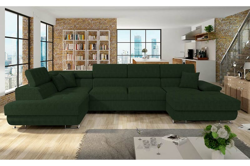 Reginia 4-sits Hörnbäddsoffa 125x270 cm med Förvaring i Manchestertyg - Flaskgrön - Möbler - Soffa - Bäddsoffa