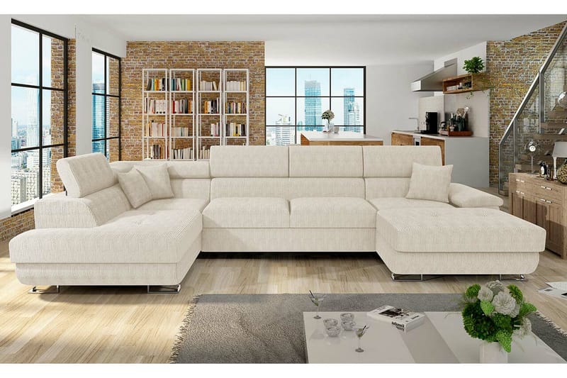 Reginia 4-sits Hörnbäddsoffa 125x270 cm med Förvaring i Manchestertyg - Gräddvit - Möbler - Soffa - Bäddsoffa