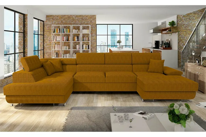 Reginia 4-sits Hörnbäddsoffa 125x270 cm med Förvaring i Manchestertyg - Gul - Möbler - Soffa - Bäddsoffa