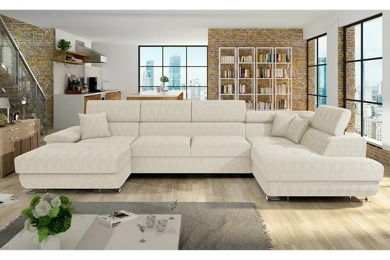 Reginia 4-sits U-formad Hörnbäddsoffa med Förvaring i Tyg - Krämvit - Möbler - Soffa - Bäddsoffa