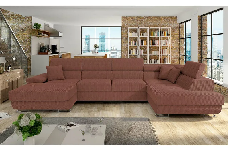 Reginia 4-sits U-formad Hörnbäddsoffa med Förvaring i Tyg - Terrakotta - Möbler - Soffa - Bäddsoffa