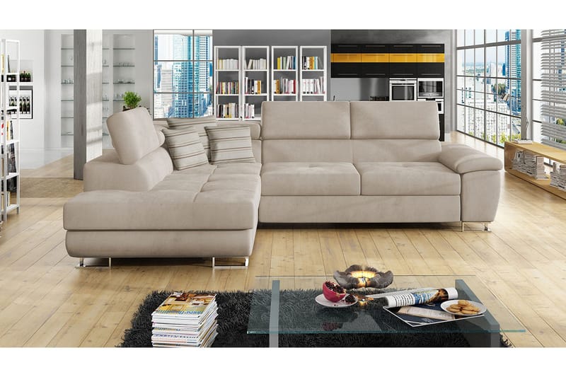 Reginia 4-sits Vänstervänd Bäddsoffa 125x195 cm med Förvaring i Sammet - Beige - Möbler - Soffa - Bäddsoffa