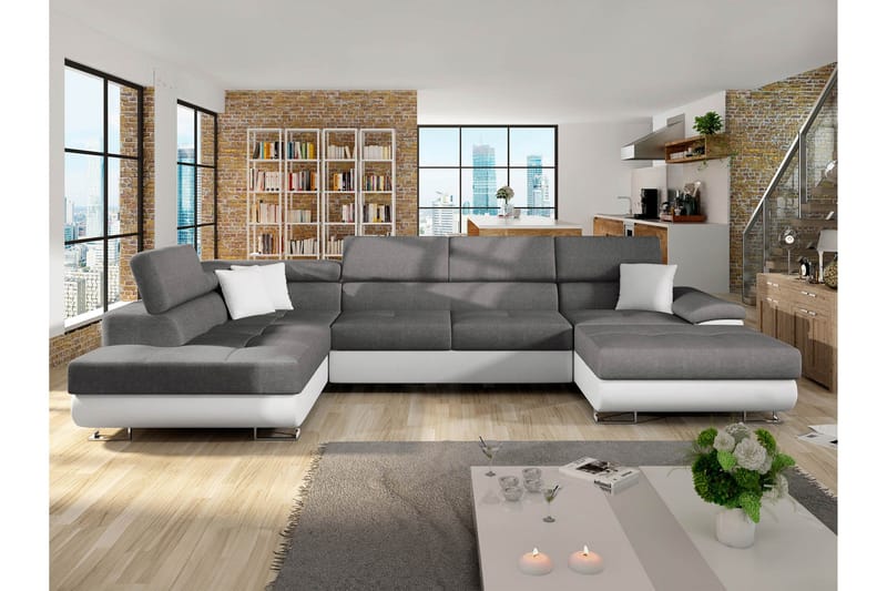 Reginia Bäddsoffa med Divan och Schäslong 4-sits i Konstläder - Vit/Grå - Möbler - Soffa - Bäddsoffa