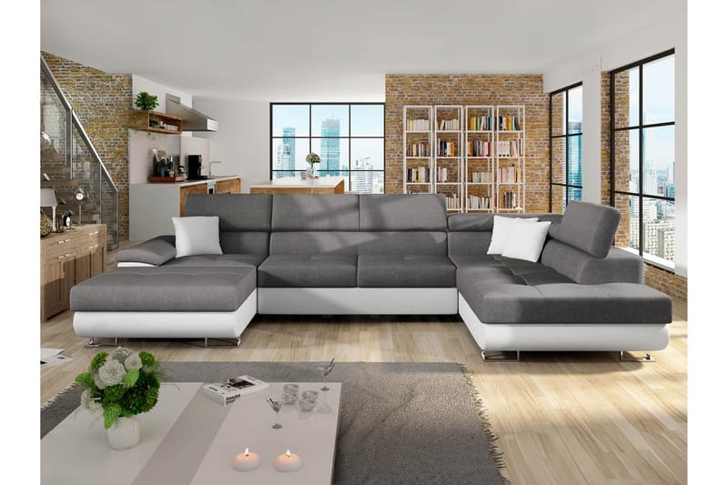 Reginia Bäddsoffa med Divan och Schäslong 4-sits i Konstläder - Vit/Grå - Möbler - Soffa - Bäddsoffa