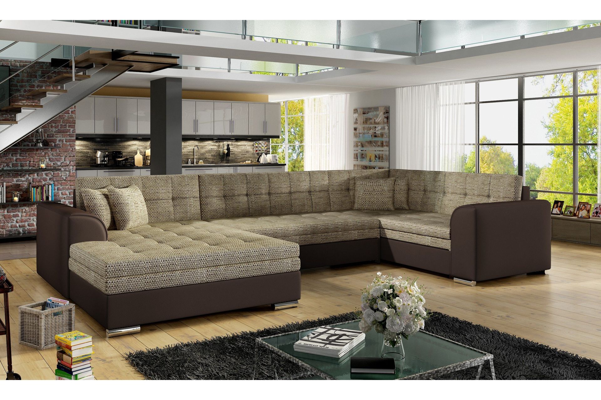 Rineta 5-sits U-formad Bäddsoffa med Divan i Läderimitation med Sidor ...