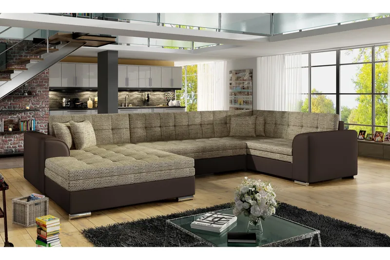 Rineta 5-sits U-formad Bäddsoffa med Divan i Läderimitation med Sidor, Beige|Brun