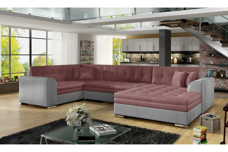 Rineta 5-sits U-formad Bäddsoffa med Divan i Plysch med Metallben - Dammrosa - Möbler - Soffa - Bäddsoffa