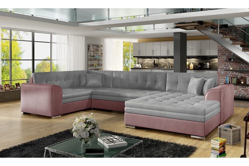 Rineta Bäddsoffa med Dubbeldivan - Grå/Rosa - Bäddsoffa - U bäddsoffa - Bäddsoffa divan