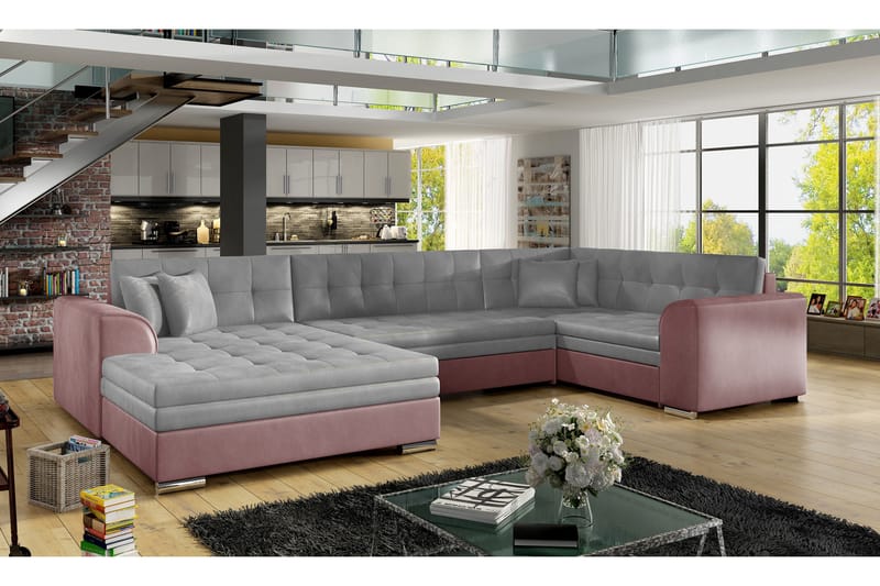 Rineta Bäddsoffa med Dubbeldivan - Grå/Rosa - Bäddsoffa - U bäddsoffa - Bäddsoffa divan