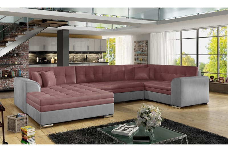 Rineta Bäddsoffa med Dubbeldivan - Rosa/Grå - Bäddsoffa - U bäddsoffa - Bäddsoffa divan