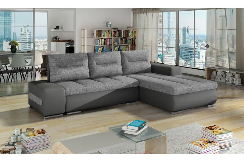 Rodeche Högervänd L-formad Bäddsoffa 135x195 cm med Förvaring i Tyg, Grå