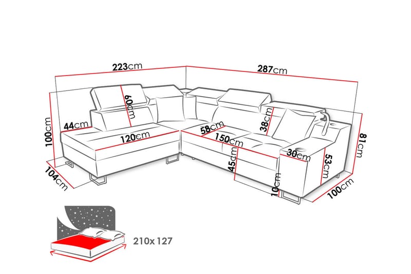 Seginus Bäddsoffa m. Schäslong 3-sits 210x127 - Rosa - Möbler - Soffa - Bäddsoffa