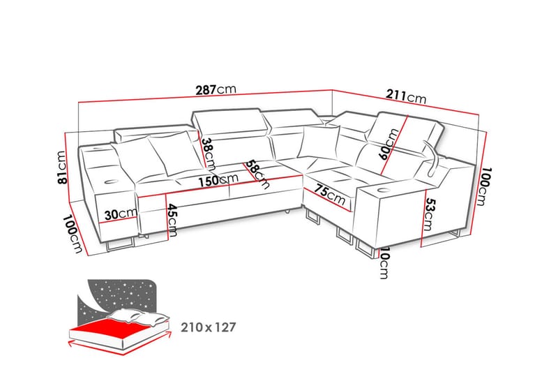 Seginus Hörnbäddsoffa 4-sits 210x127 - Blå - Bäddsoffa - Hörnbäddsoffa