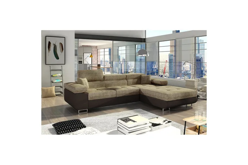 Sektionssoffa Eltap Armando 289x85x203 cm, Berlin 03, Mjuk 66, Beige, Mörkbrun, Höger