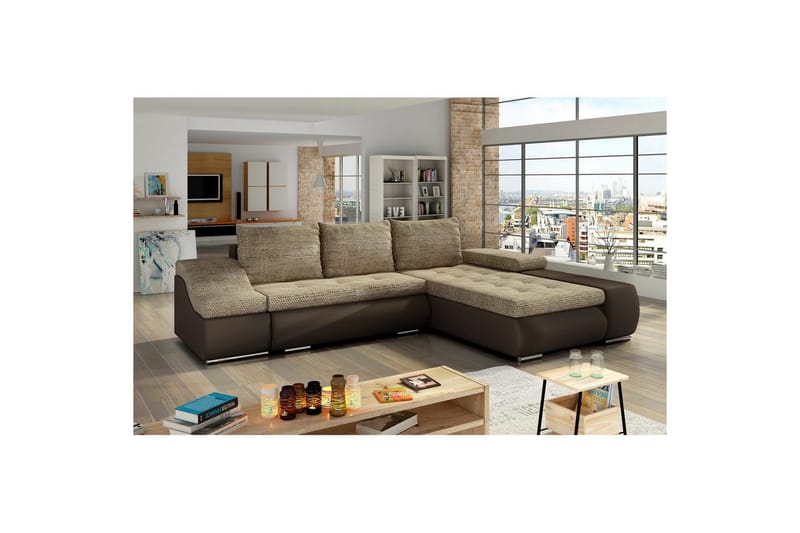 Sektionssoffa Eltap Ontario 295x200x82 cm - Berlin 03, Soft 66, Beige, Mörkbrun, Höger - Möbler - Soffa - Bäddsoffa