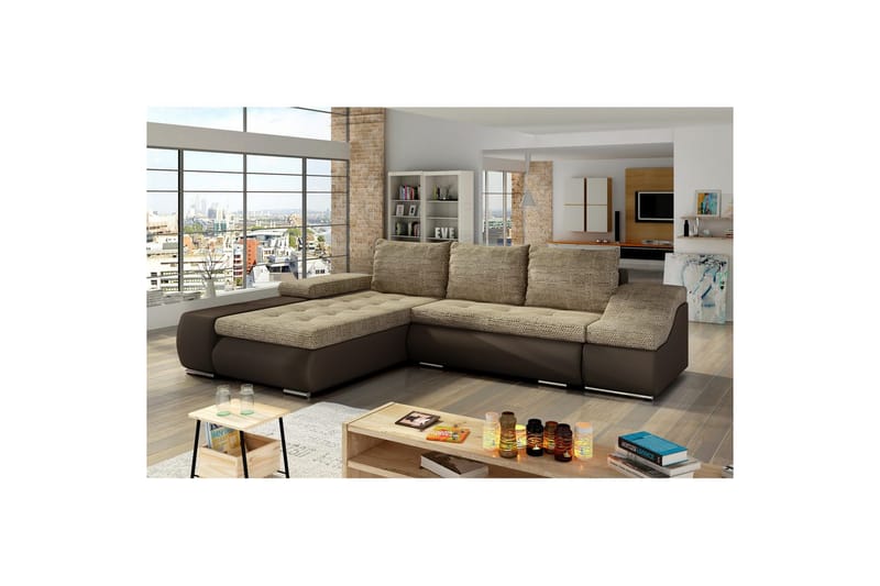 Sektionssoffa Eltap Ontario 295x200x82 cm, Berlin 03, Soft 66, Beige, Mörkbrun, Vänster