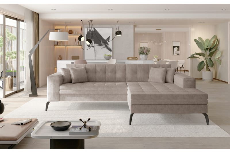 Solangis 3-sits Höger L-formad Bäddsoffa med Divan i Läder, Beige