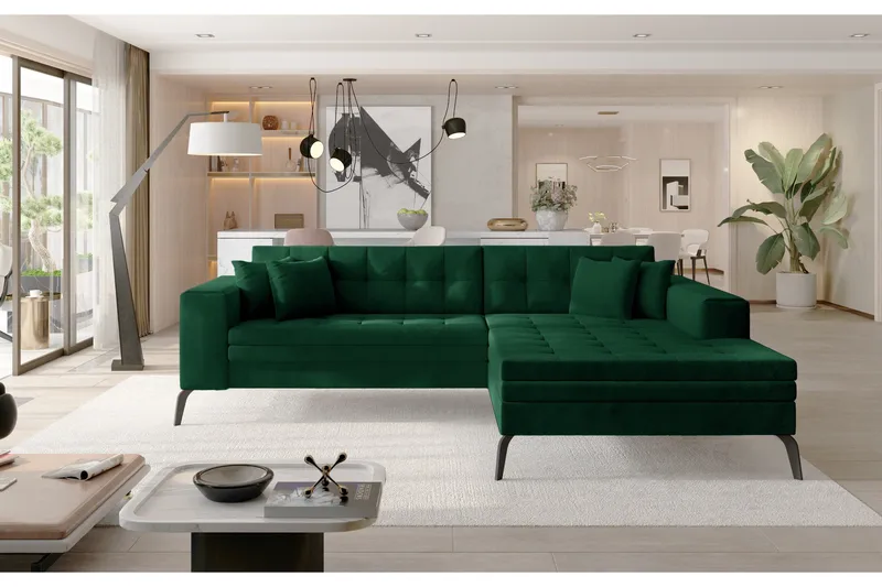 Solangis 3-sits Höger L-formad Bäddsoffa med Divan i Sammet, Grön