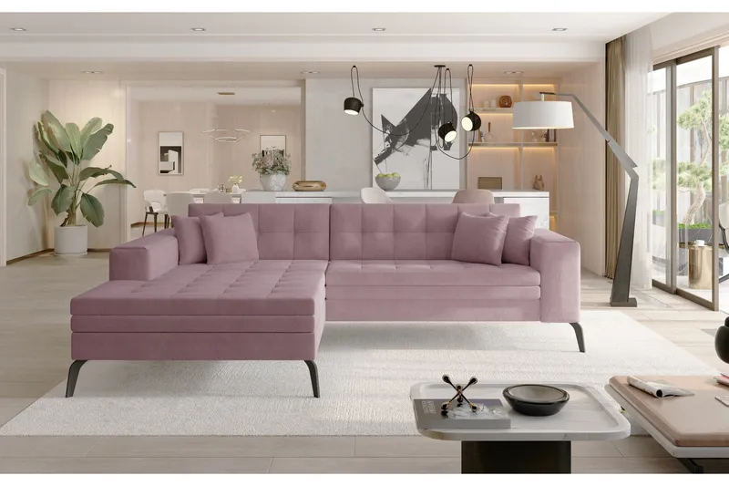 Solangis 3-sits Vänster L-formad Bäddsoffa med Divan i Tyg, Rosa
