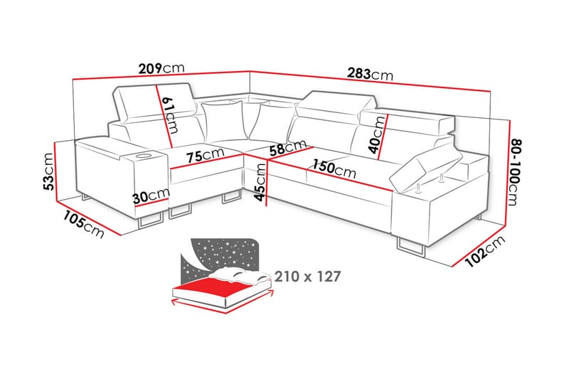 Solvato Hörnsoffa LED-belysning - Grå - Möbler - Soffa - Bäddsoffa