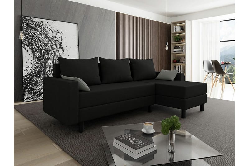 Summerhill 3-sits Högervänd Hörnbäddsoffa med Förvaring i Tyg med Träram - Svart - Möbler - Soffa - Bäddsoffa