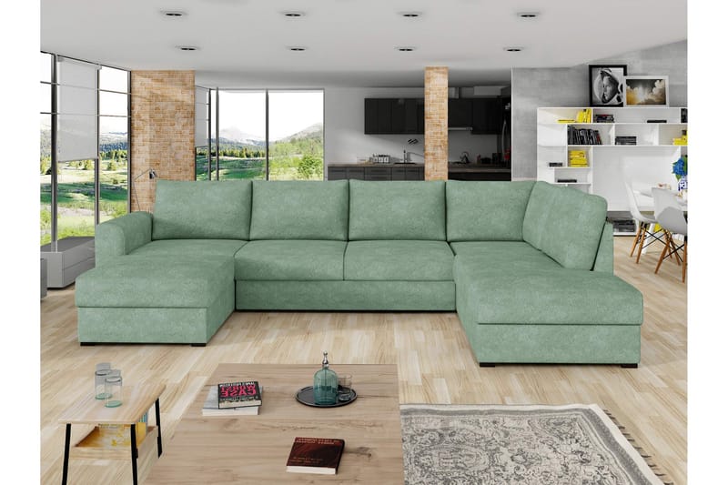 Taberk Bäddsoffa med Divan och Schäslong 4-sits i Bouclé - Grön - Möbler - Soffa - Bäddsoffa