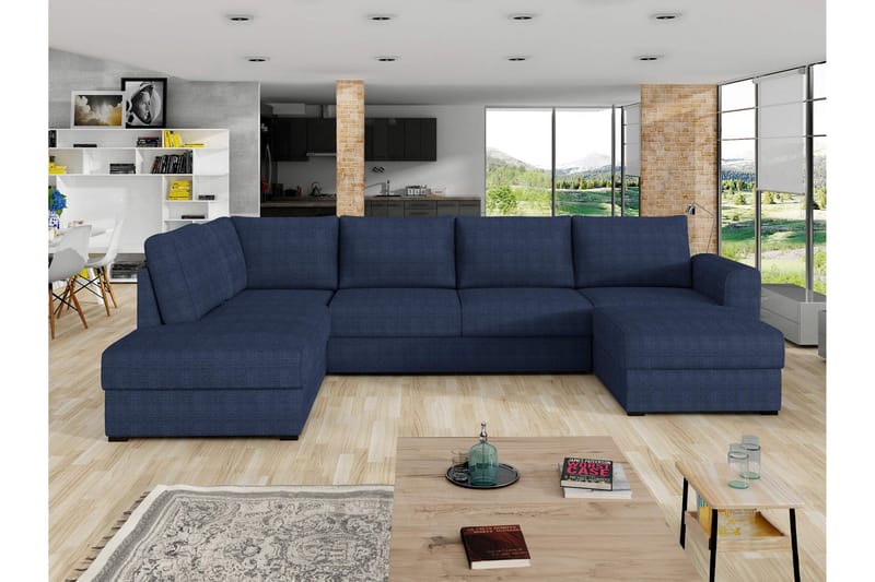 Taberk Bäddsoffa med Divan och Schäslong 4-sits i Chenille - Blå - Möbler - Soffa - Bäddsoffa