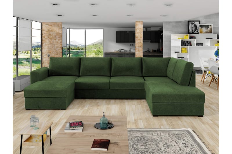 Taberk Bäddsoffa med Divan och Schäslong 4-sits i Chenille - Grön - Möbler - Soffa - Bäddsoffa