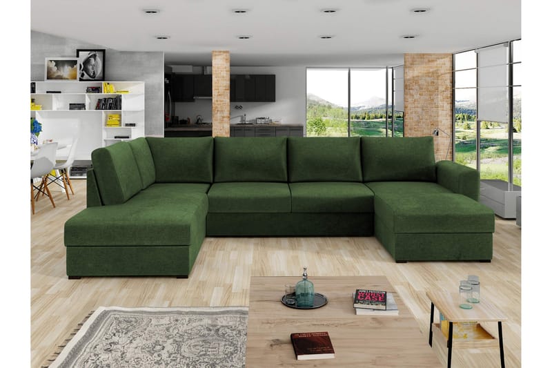Taberk Bäddsoffa med Divan och Schäslong 4-sits i Chenille - Grön - Möbler - Soffa - Bäddsoffa