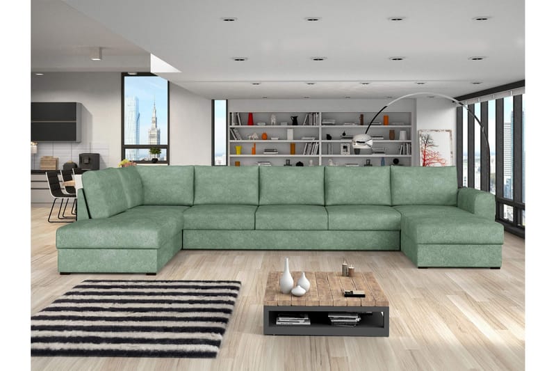 Taberk Bäddsoffa med Divan och Schäslong 5-sits i Bouclé - Grön - Möbler - Soffa - Bäddsoffa