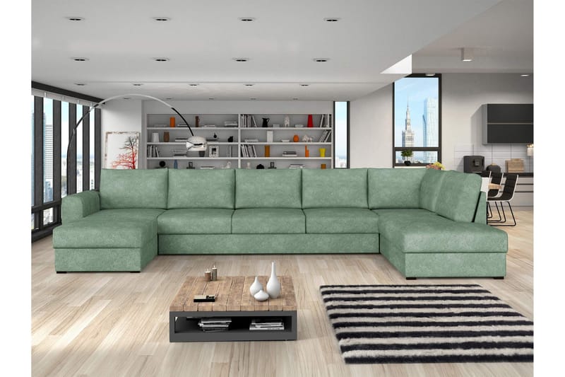 Taberk Bäddsoffa med Divan och Schäslong 5-sits i Bouclé - Grön - Möbler - Soffa - Bäddsoffa