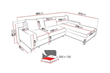 Talby 3-sits Höger Bäddsoffa 135x255 cm med Förvaring i Tyg - Grå - Möbler - Soffa - Bäddsoffa