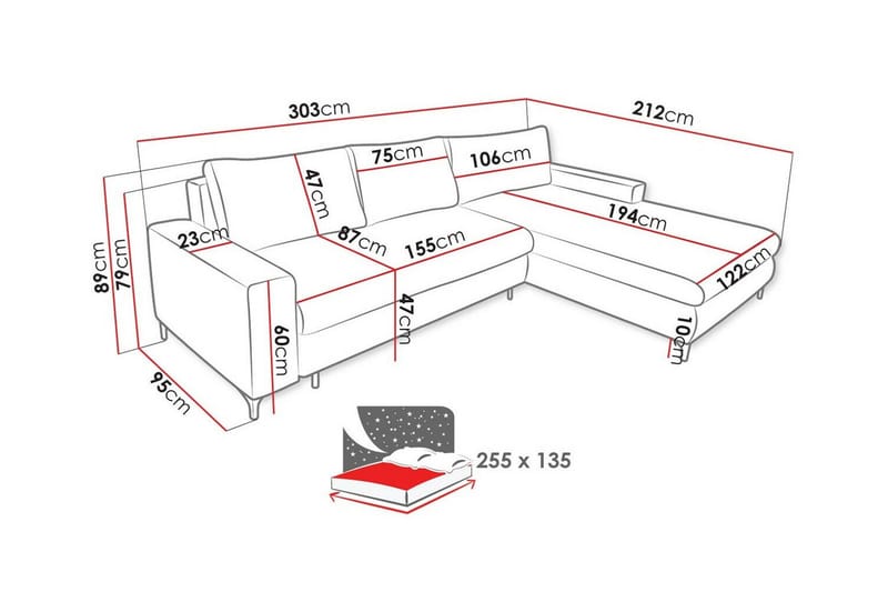 Talby 3-sits Höger Bäddsoffa 135x255 cm med Förvaring i Tyg - Grå - Möbler - Soffa - Bäddsoffa