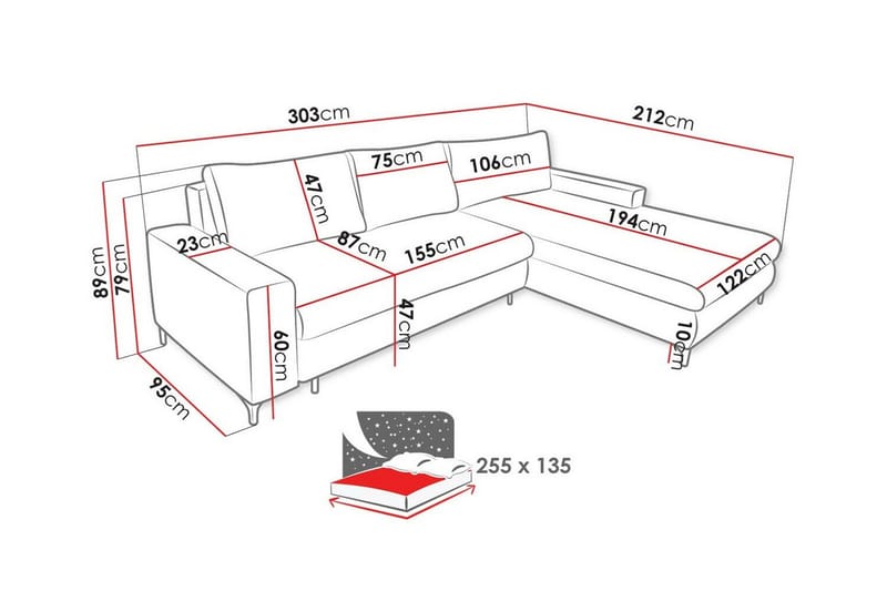 Talby 3-sits Höger Bäddsoffa 135x255 cm med Förvaring i Tyg - Gul - Möbler - Soffa - Bäddsoffa
