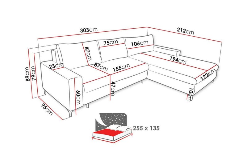 Talby 3-sits Höger Bäddsoffa med Förvaring och Vertikala Sömmar i Tyg - Beige - Möbler - Soffa - Bäddsoffa