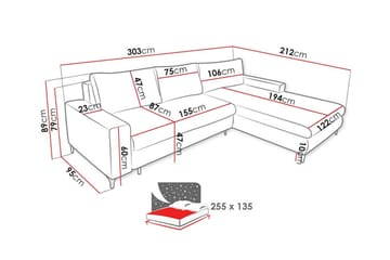 Talby 3-sits Höger L-formad Hörnbäddsoffa 135x255 cm med Förvaring i Tyg - Grå - Möbler - Soffa - Bäddsoffa