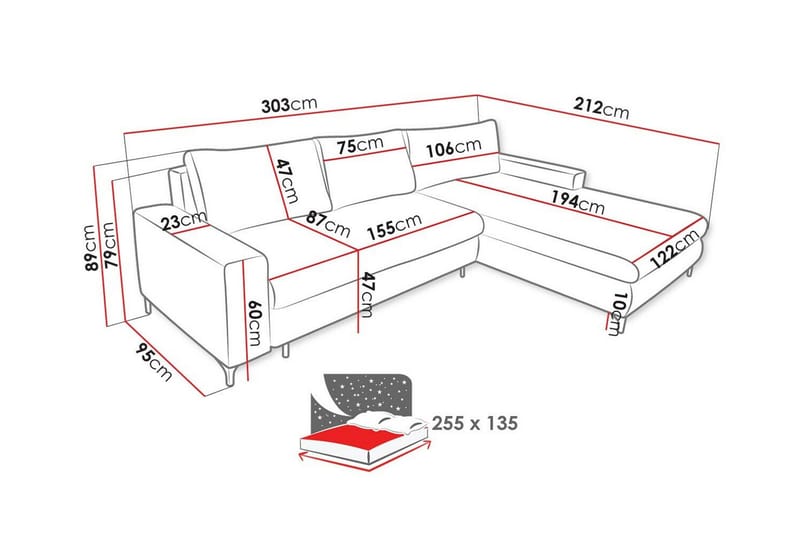 Talby 3-sits Höger L-formad Hörnbäddsoffa 135x255 cm med Förvaring i Tyg - Grå - Möbler - Soffa - Bäddsoffa
