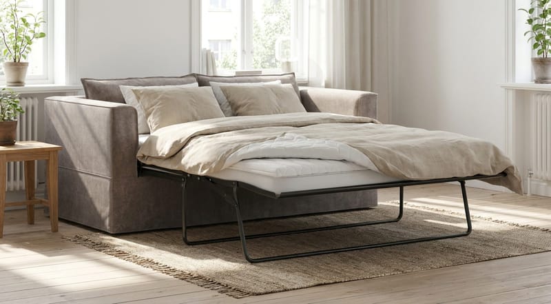 Travstad 3-sits Bäddsoffa med HVILA Bäddmadrass 140x200 cm Latex med Tvättbar klädsel - Grå/Vit - Möbler - Soffa - Bäddsoffa - Bäddsoffa 3 sits