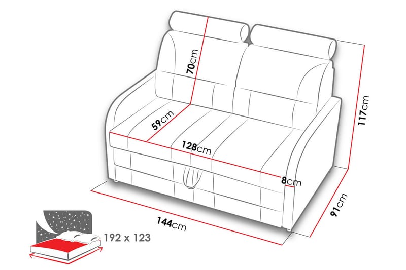 Wibaro Bäddsoffa 144x91x117 cm - Grå - Bäddsoffa - Bäddsoffa 2 sits - Sammetssoffa