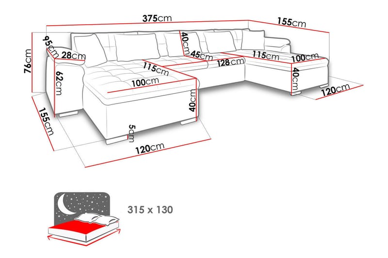 Wicenza U-Bäddsoffa 375x155x76 cm Universal - Svart/Grå - Möbler - Soffa - Bäddsoffa