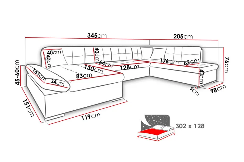 Zumar Höger U-formad Bäddsoffa 128x302 cm med Förvaring i Tyg - Grå - Möbler - Soffa - Bäddsoffa
