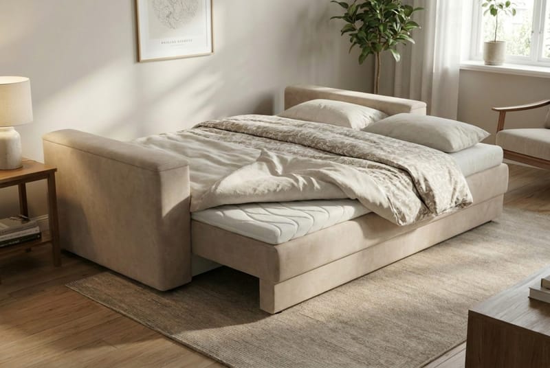 Bergen Extra djup 3-sits Bäddsoffa med Bäddmadrass i Polyesterskum Vändbar Sommar- & Vintersida och Tvättbar klädsel - Brun Tyg - Möbler - Soffa - Bäddsoffa - Bäddsoffa 3 sits