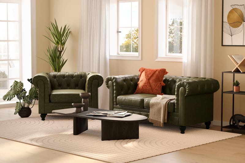 Chesterfield Lyx 2-sits Djup Soffa konstläder - Mörkgrön PU - Möbler - Soffa - Skinnsoffor